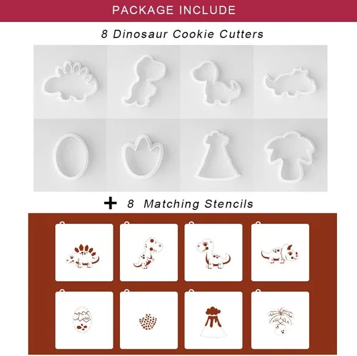 Miniatura 3 de Cortadores de galletas de dinosaurio con plantillas de galletas a juego, juego de 16-8 cortadores de galletas y 8 plantillas, incluye estegosaurio