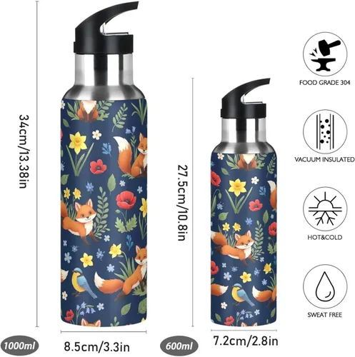 Miniatura 2 de Insulated Water Bottle 32 Oz, Leakproof Water Bottles for Gym Outdoor Travel School, Cute Foxes Colorful Flowers