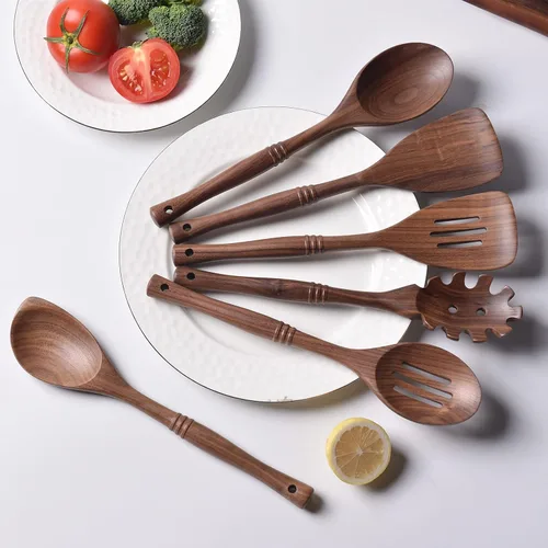 Miniatura 6 de Gudamaye Utensilios de madera de nogal negro de 12 pulgadas, juego de 6 cucharas para manualidades para cocinar