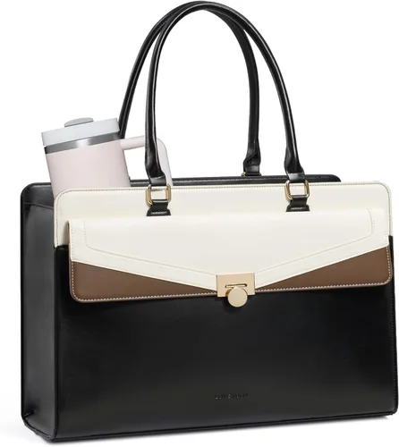 LOVEVOOK Laptop Tote Bag for Women - PU Leather Vintage Work Tote Bag,Waterproof Business Teacher Bag with Large Cup Holder