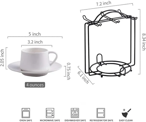 Miniatura 3 de Tazas de café expreso con platillos y soporte de metal, juego de 6 tazas de capuchino de 4 onzas, taza de té para fiesta de té, color blanco