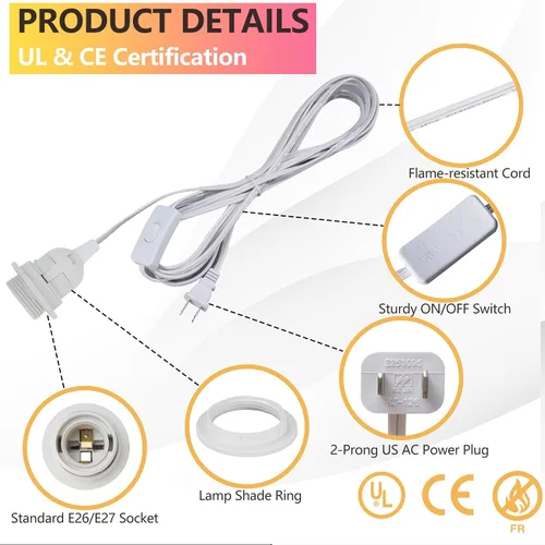 Miniatura 4 de Cable de Luz Colgante – Bombilla Colgante de 10 Pies con Cable de Enchufe – Paquete de 2 Cables de Lámpara Casquillo de Luz E26 con Cable