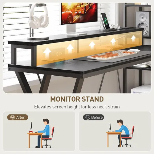 Miniatura 7 de RALGEND Escritorio para juegos en forma de L con estantería, escritorio reversible para computadora de 52 pulgadas con luz LED y toma de corriente