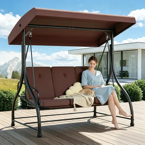 Columpio para porche al aire libre de 3 asientos con soporte, capacidad de 760 libras, columpio de patio resistente para adultos, columpio Marrón