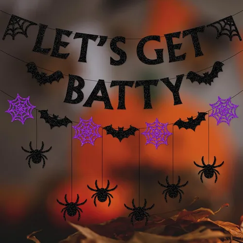Miniatura 6 de Pancarta de decoración de fiesta de telaraña negra y morada de Halloween, 8 piezas de murciélagos de papel, remolinos colgantes, remolinos