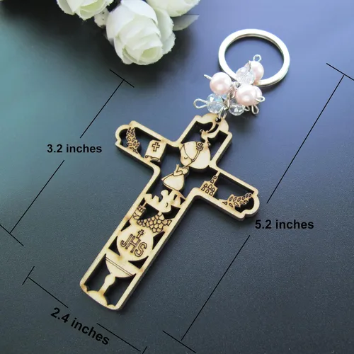 Miniatura 2 de 12 piezas de llavero de madera de primera comunión para regalo de niña para invitados Recuerdos para Primera Comunión con bolsas de regalo