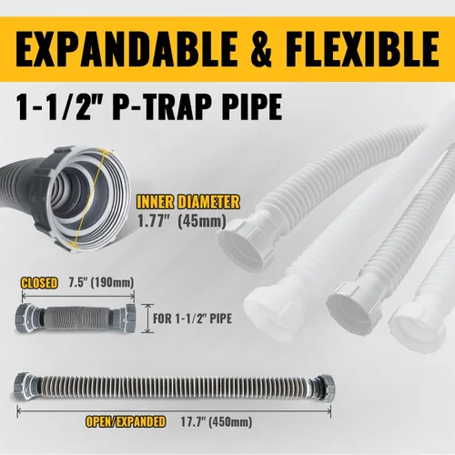 Miniatura 9 de VIVIDA Tubo de drenaje para fregadero de 1-1/2 pulgadas, tubo de drenaje flexible, trampa P flexible expandible de 7.5 a 17.7 pulgadas para baño