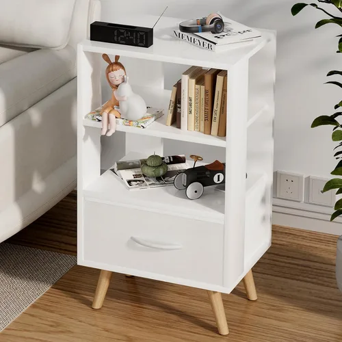 Miniatura 10 de Aenuert Mesita de noche negra con cajón, mesa auxiliar con almacenamiento abierto, mesa auxiliar moderna de 2 niveles, mesita de noche para espacios