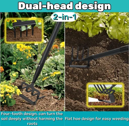 Miniatura 2 de Azada de jardín, azada de estribo con mango ajustable para excavadora de deshierbe aflojando el suelo, cultivador de jardín de metal con rastrillo