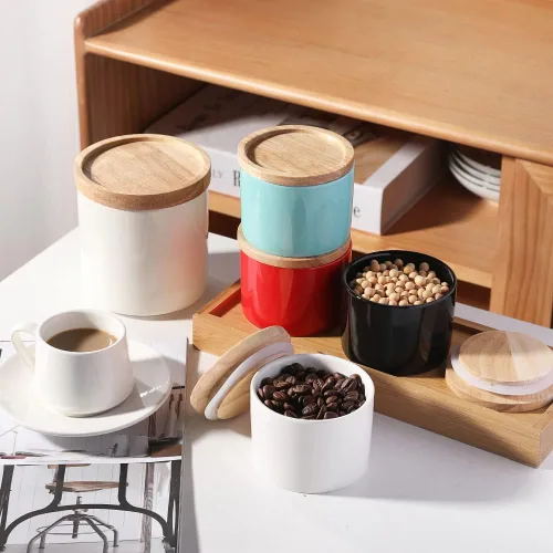 Miniatura 3 de Sweejar Kitchen Canisters - Tarro de cerámica para almacenamiento de alimentos, recipientes apilables con sello hermético y tapa de madera