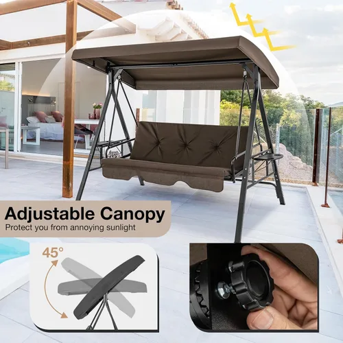 Miniatura 6 de Tangkula Columpio de porche para 3 personas, cama columpio convertible 2 en 1 para patio con toldo ajustable, mesa de 2 tazas, cojines de asiento