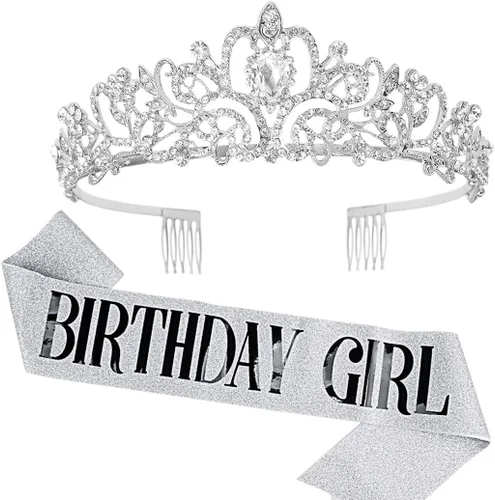 Miniatura 11 de COCIDE Juego de Banda y Tiara de Pedrería para Niña de Cumpleaños - Banda de Cumpleaños Plateada y Tiara para Mujeres - Accesorios para el Cabello