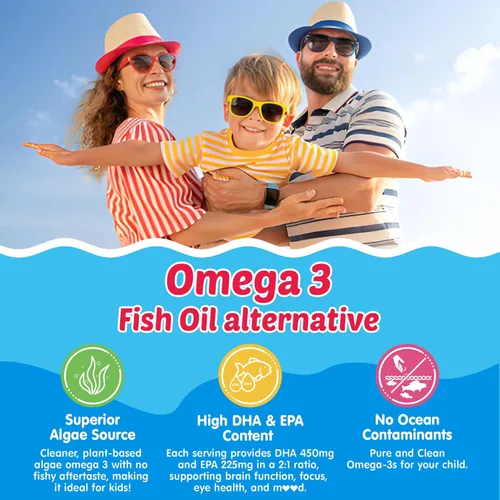 Miniatura 3 de Gomitas Omega 3 para niños + calcio 400 mg + vitamina D3 K2 + C, Omega-3 DHA y suplemento EPA – Sin eructos de pescado, sin azúcar – Omega 3