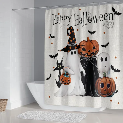 Miniatura 5 de Juego de 4 cortinas de ducha de Halloween, espeluznante cortina de ducha de calabaza fantasma para decoración de baño de Halloween