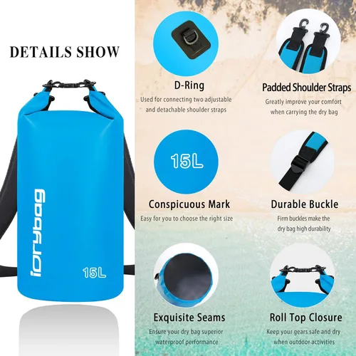 Miniatura 2 de IDRYBAG Bolsa seca para kayak impermeable 2L/5L/10L/15L/20L, pequeña bolsa impermeable para navegación Azul claro
