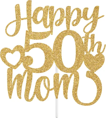 Miniatura 7 de Decoración para tartas con texto en inglés "Happy 50th Mom", feliz 50 cumpleaños para madre, saludos a 50 años, cumpleaños, aniversario, suministros