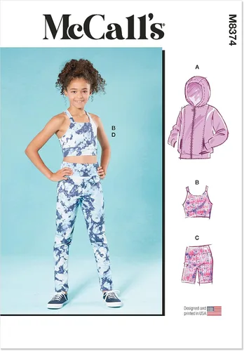 McCall's M8374A - Chaqueta de punto atlética para niñas, top recortado y kit de patrón de costura de leggings, código M8374, tallas S-M-L