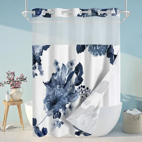 Miniatura 8 de Juego de cortina de ducha y forro sin gancho, cortinas de ducha florales negras para baño, juegos de cortinas de baño de hotel moderno con forro a