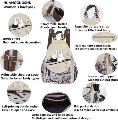 Miniatura 180 de HUANGGUOSHU Mochila de algodón tejida de algodón bohemio con bordado de lona estilo bohemio con múltiples bolsillos retro linda mochila cartera