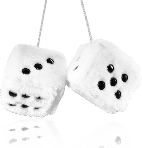Miniatura 9 de Par de dados de felpa mullidos con espejo de puntos blancos y negros, de 3 pulgadas, adorno decorativo para colgar en coche de felpa suave en blanco