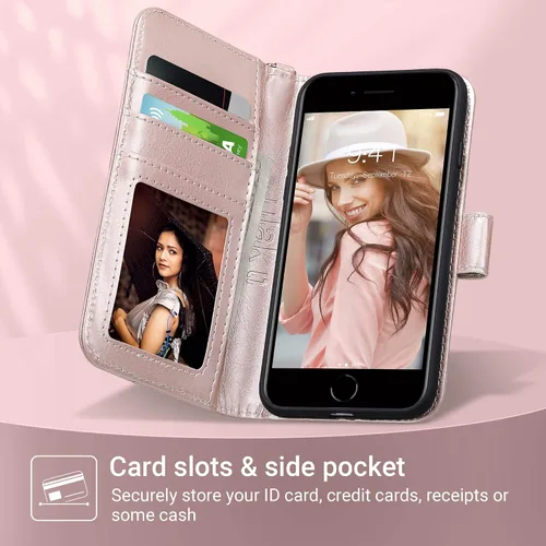Miniatura 2 de ULAK Funda tipo cartera para iPhone SE 3 (2022)/SE (2020)/8/7 con soporte para tarjetas, funda de piel sintética de alta calidad con ranuras