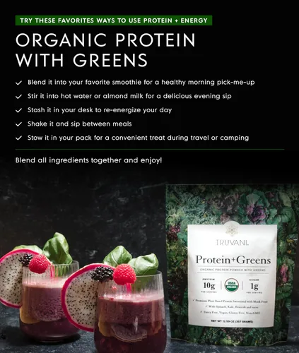 Miniatura 7 de Truvani Suplemento de proteína + verduras Espinaca, col rizada y brócoli 0.35 oz de proteína orgánica a base de plantas 20 porciones USDA
