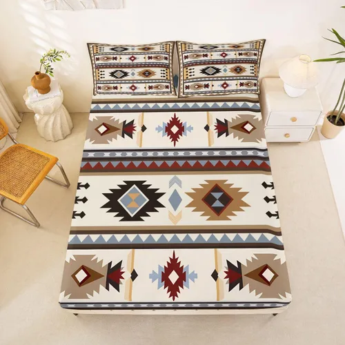 Miniatura 38 de Juego de ropa de cama occidental tamaño individual, sábanas aztecas, estilo nórdico exótico, bohemio, sábana bajera ajustable de tribu india