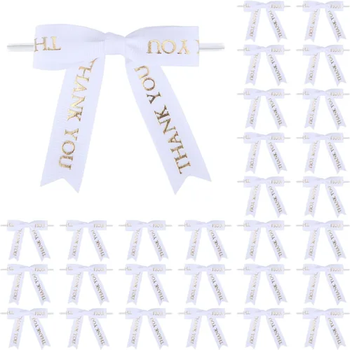 Meseey 30 lazos de cinta con estampado dorado de agradecimiento de 2.5 pulgadas, lazos pequeños para envolver regalos Blanco