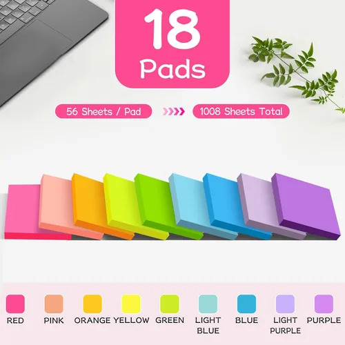 Miniatura 2 de (18 Blocs) Notas Adhesivas de 3x3 pulgadas, Blocs Autoadhesivos de Colores Brillantes, Reciclables, Fáciles de Pegar para Casa, Oficina, Cuaderno