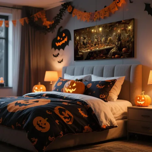 Miniatura 5 de YONICA Lienzo gótico enmarcado de Halloween para sala de estar, decoración del hogar, Halloween, fantasma, bruja y calabaza, sobre lienzo, YKWSJ603