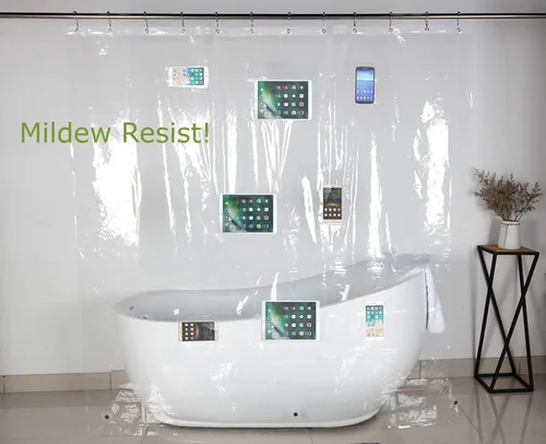 Forro transparente para cortina de ducha con 8 bolsillos para pantalla táctil para teléfono, iPad, joyas, monitor de bebé, con ojales inoxidables y
