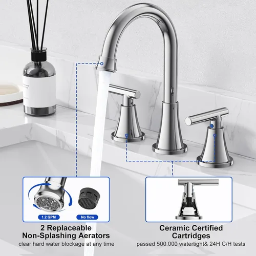 Miniatura 4 de Hurran - Grifos de baño para fregadero de 3 agujeros, grifo cromado para fregadero de baño con drenaje emergente y líneas de suministro, grifo Cromo