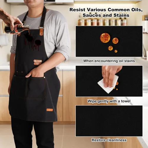 Miniatura 4 de Delantales de chef para mujeres y hombres con bolsillos (funcionales y grandes), repelente al aceite y resistente al agua, lona negra resistente