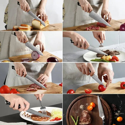 Miniatura 4 de Damascus - Juego de cuchillos de cocina de 15 piezas con bloque, mango ergonómico de ABS para juego de cuchillos de chef y cuchillos de carne