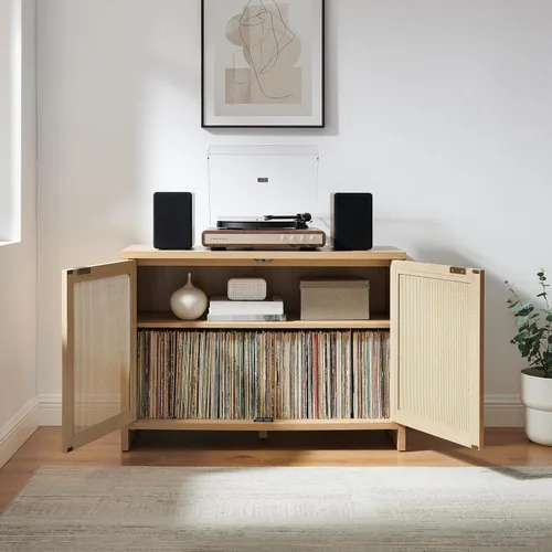 Miniatura 10 de Crosley Furniture Kenji - Armario para tocadiscos con almacenamiento de vinilo, soporte multimedia, organizador moderno para el hogar