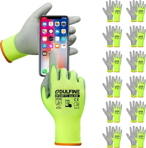 Miniatura 30 de DULFINE Guantes de trabajo de seguridad con revestimiento de poliuretano para hombres y mujeres - 12 pares, guante de punto sin costuras negro