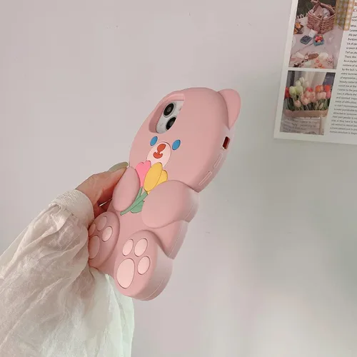Miniatura 4 de Fundas para iPhone 13 Pro Lindas con Diseño de Oso de Flores de Dibujos Animados, Funda Rosa de Silicona Blanda 3D para Mujeres y Niñas, Funda Oso