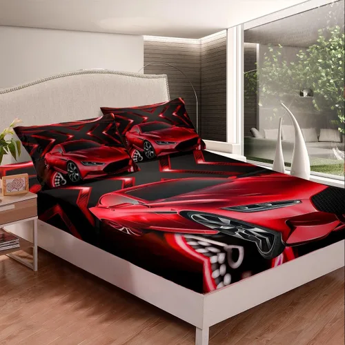 Miniatura 3 de Erosebridal Sábana bajera para cama de auto de carreras roja, sábana bajera ajustable para niños, adolescentes, dormitorio, 3 piezas, para deportes