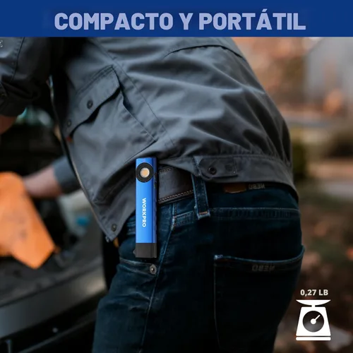 Miniatura 3 de WORKPRO linterna recargable de trabajo, linterna de bolsillo plana de 600 lúmenes con luz UV, base magnética y clip, linterna LED EDC delgada