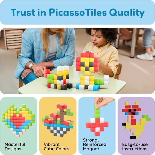 Miniatura 8 de PicassoTiles 102 piezas Cubo de rompecabezas magnético de píxeles de 1" Mezcla y combina juguetes con Ideabook STEM Educación de aprendizaje Bloques