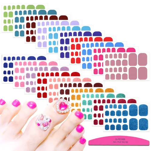 Miniatura 10 de 20 hojas de tiras de esmalte de uñas de los pies para mujer, calcomanías de color sólido para uñas de los pies, envolturas completas para niñas