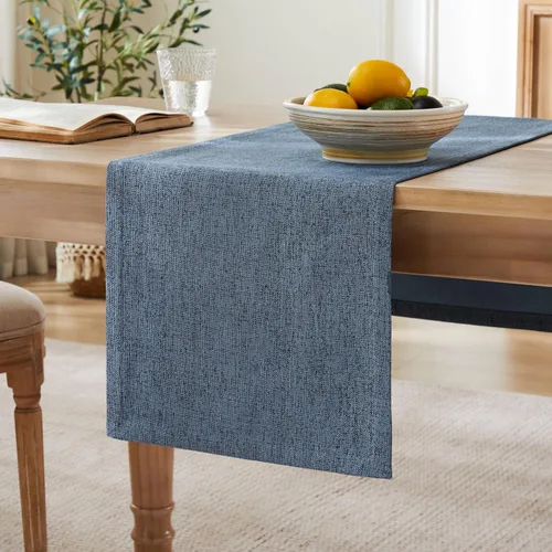 ZeeMart Camino de mesa de arpillera estilo granja de 108 pulgadas de largo, camino de mesa de comedor tejido rústico azul para uso diario, 14 x 108