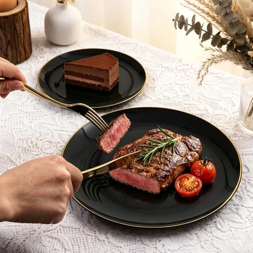 Miniatura 4 de YOUBET 125 piezas de platos de plástico negros y dorados - Platos desechables negros con borde dorado - Incluye 25 platos de cena, 25 platos