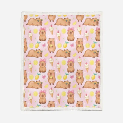 Miniatura 3 de AILONEN Pink Capybara Throw 47"x31" Fleece Sherpa Blanket, Lemon Ice Cream Cartoon Print Printed Throw Blanket, Sweet Room Theme