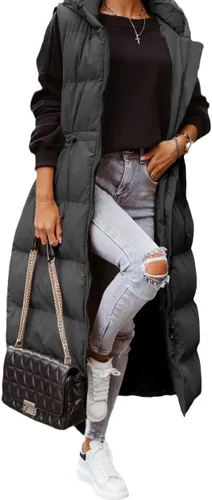 Miniatura 2 de Tankaneo Chaleco largo acolchado para mujer, ropa de abrigo con capucha y sin mangas, chaleco acolchado de algodón con cremallera completa