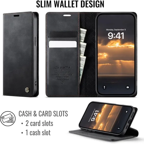Miniatura 3 de Funda tipo cartera para iPhone 14 Plus, de piel, con tarjetero y soporte, cierre magnético, bloqueo RFID, TPU a prueba de golpes, compatible