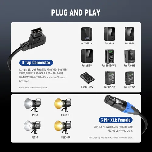Miniatura 2 de NEEWER D Tap macho a 3 pines XLR hembra cable de alimentación 6 pies/5.9 ft para iluminación de video continuo por baterías de montaje en V, solo