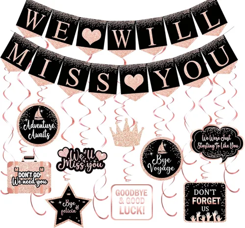 Kit de suministros de decoración de fiesta de despedida de oro rosa, pancarta con texto en inglés "Will Miss You", decoración de remolinos colgantes