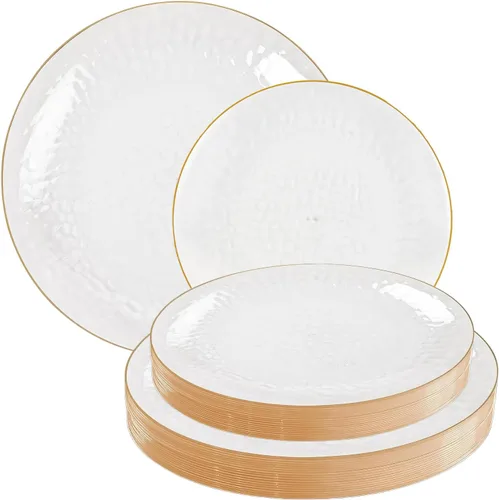 Blue Sky Combo de platos martillados transparentes orgánicos con borde dorado | 32 unidades (7 pulgadas, 16 unidades y 9 pulgadas - 16 unidades) -