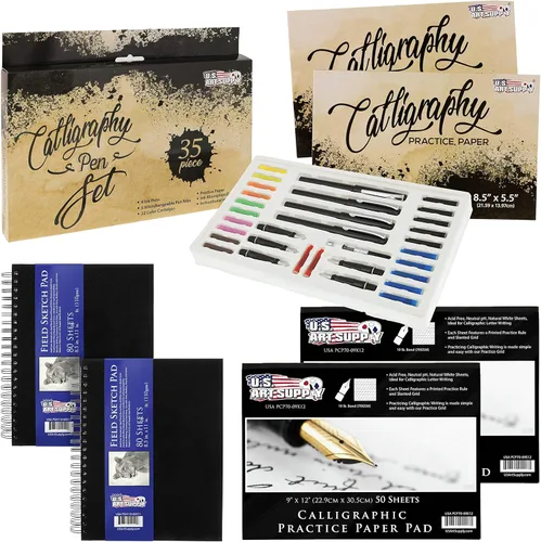 U.S. Art Supply Juego de 35 bolígrafos de caligrafía de escritura con bloc de papel de práctica caligráfica de 9 x 12 pulgadas, 2 paquetes y 2
